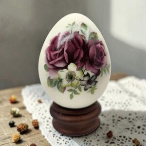 Vintage Porcelain Egg Purple Roses Floral Wood Stand Easter Home Decor 90s 3.5"